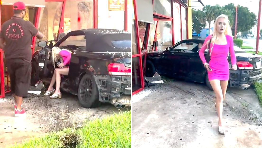 VIDEO: Mujer con aspecto de Barbie estampa su auto contra un restaurante y se da a la fuga