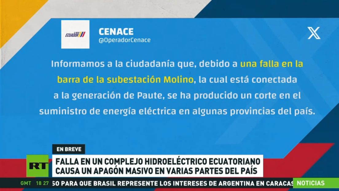 Falla en complejo hidroeléctrico ecuatoriano causa un apagón masivo en varias partes del país