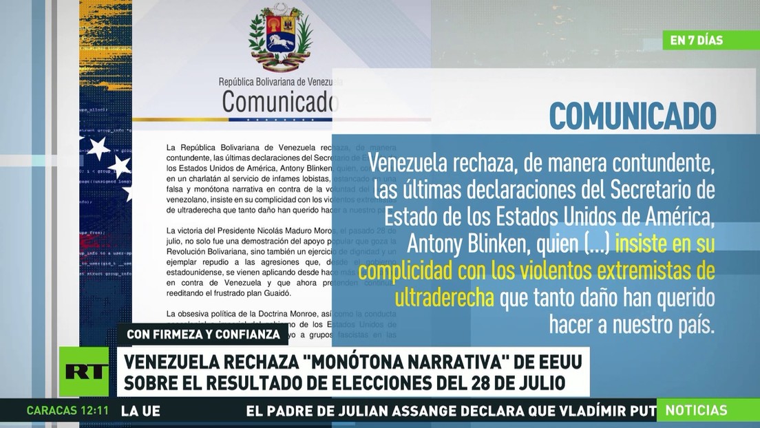 Venezuela rechaza "monótona narrativa" de EE.UU. sobre el resultado de las elecciones presidenciales