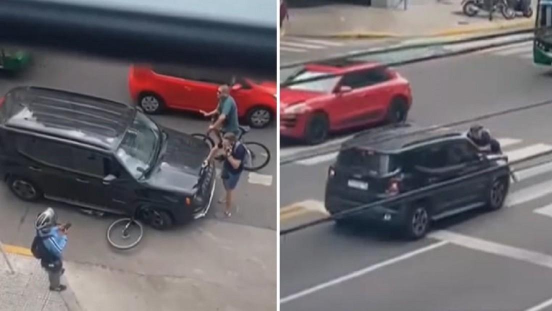 VIDEO: Automovilista atropella a un ciclista y luego intenta huir con la víctima en el capó