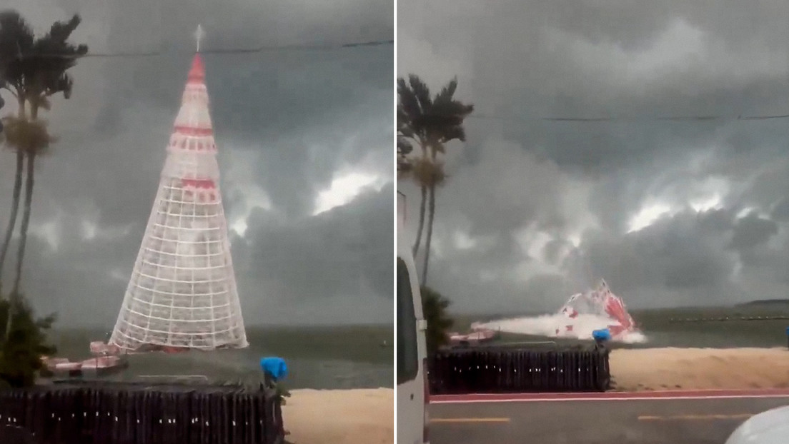 VIDEO: Un enorme árbol de Navidad flotante se derrumba durante una tormenta en Brasil