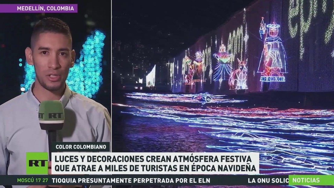 Luces y decoraciones crean atmósfera festiva en Medellín que atrae a miles de turistas en época navideña