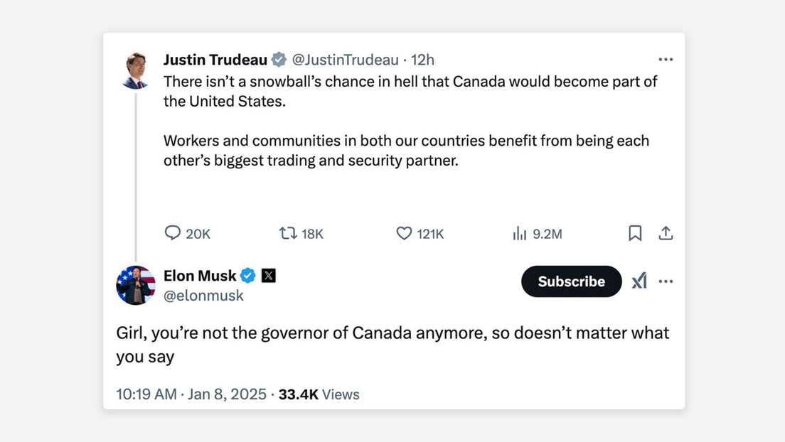 Musk a Trudeau: "Chica, ya no eres la gobernadora de Canadá"