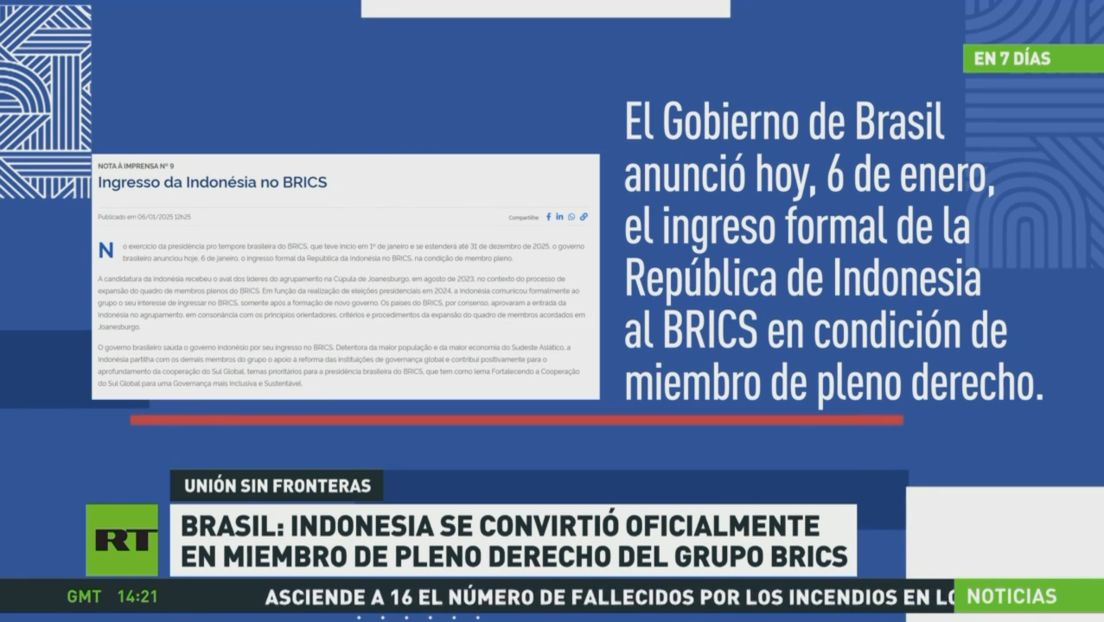 Brasil: Indonesia se convirtió oficialmente en miembro de pleno derecho del BRICS