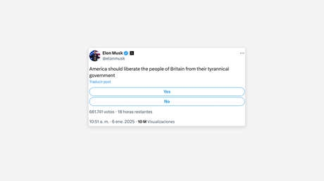 "¿EE.UU. debería liberar al Reino Unido de su Gobierno tirano?": la nueva encuesta de Musk