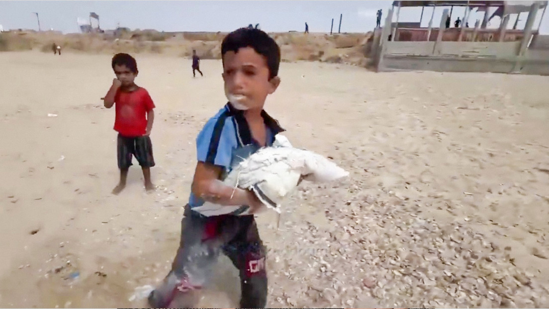 VIDEO: Niño palestino se regocija al conseguir una pequeña bolsa de harina