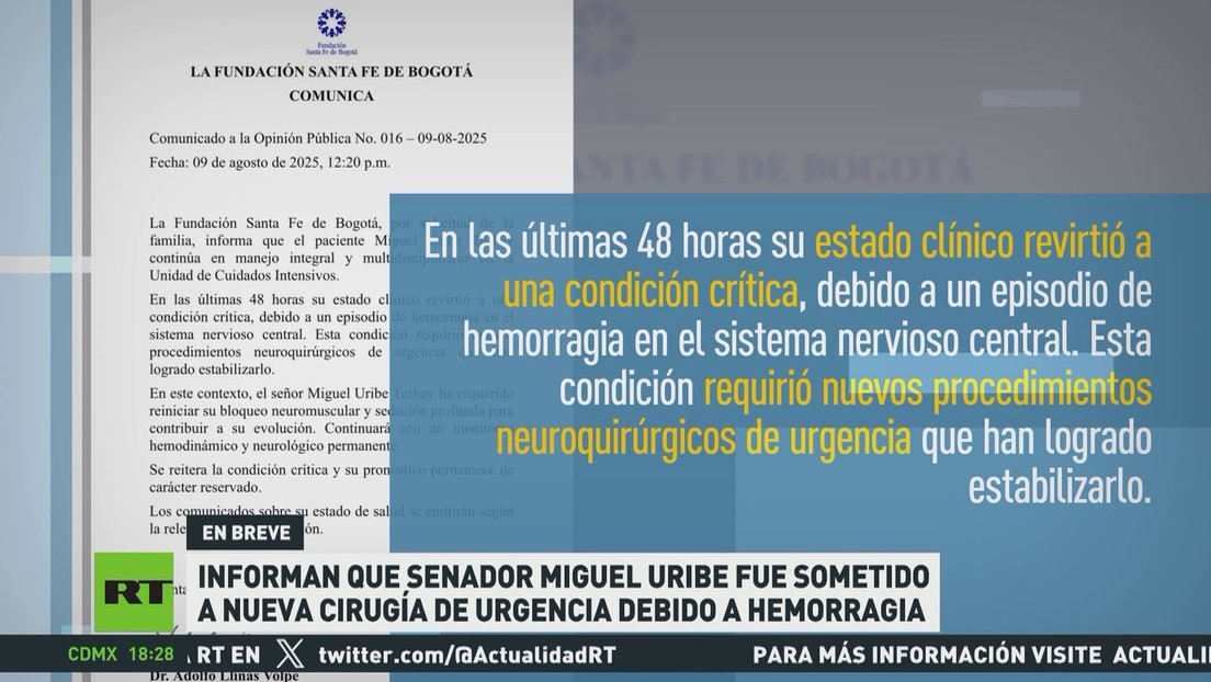 El senador Miguel Uribe es sometido a otra cirugía de urgencia debido a una hemorragia