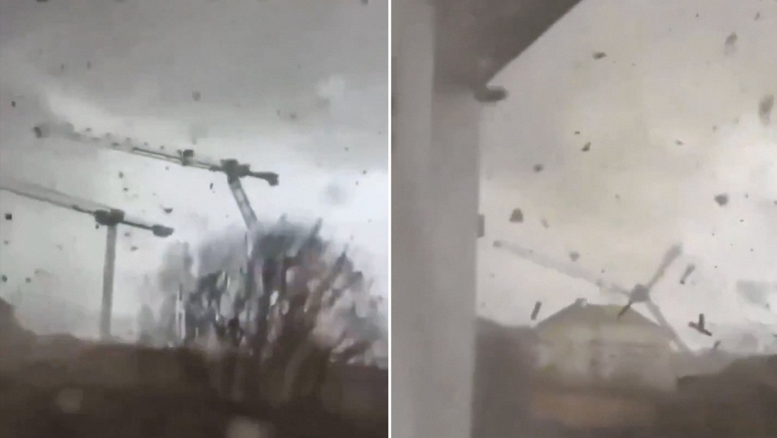 VIDEO: Tornado doblega tres grúas en Francia y caen en cadena
