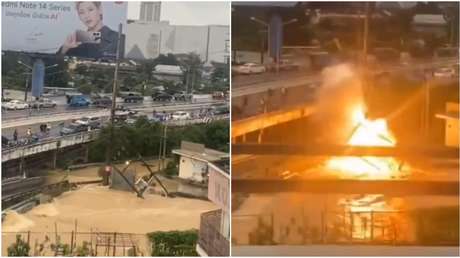 Peligrosa combinación: graves inundaciones provocan el colapso de línea de alta tensión eléctrica (VIDEO)