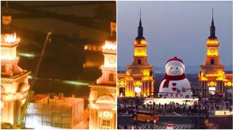 VIDEO: Así erigen en China el tradicional muñeco de nieve gigante que supera edificios