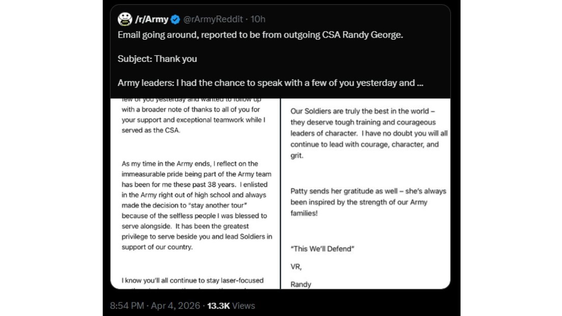 Lo que dice la carta de despedida del cesado jefe del Estado Mayor del Ejército de EE.UU.