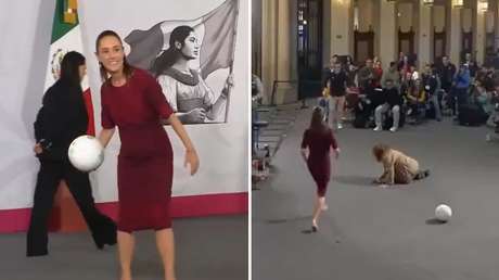 VIDEO: Reportera cae estrepitosamente al intentar atrapar un balón lanzado por Sheinbaum
