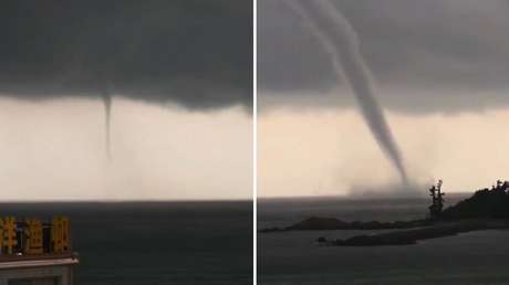 VIDEO: Doble tromba marina deja una escena de película frente a la costa china