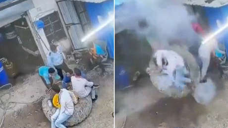 FUERTE VIDEO: Letal explosión de un neumático gigante en un taller mecánico