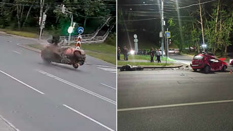 BRUTAL choque: un coche vuelca tras ser embestido por una moto (VIDEO)