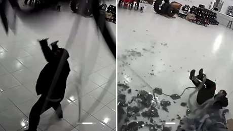 VIDEO: Ventanal de una empresa le cae encima a un trabajador y casi lo mata