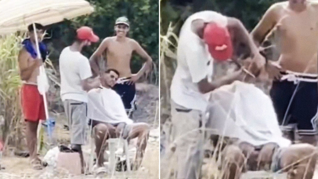Migrantes improvisan una barbería en la playa de Ceuta (VIDEO)