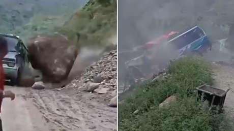 VIDEO: Enorme roca 'castiga' a un autobús