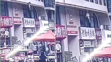 VIDEO: Transeúnte atrapa con las manos a una niña que cae desde unos 6 metros