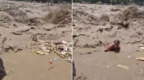 VIDEO: Inundación arrastra a un hombre, pero él reaparece con un 'trofeo'