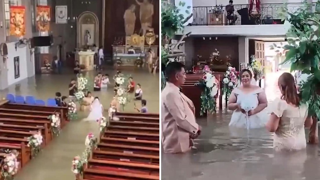 «En la salud, en la enfermedad… y también en la inundación»: Pareja se casa en una iglesia con el agua hasta la cintura