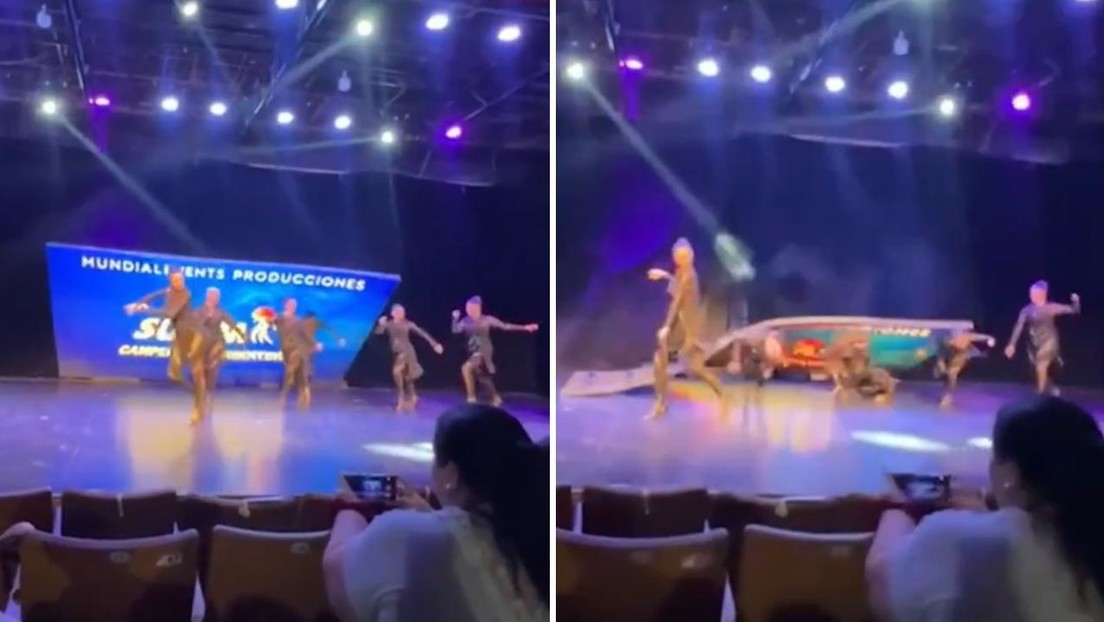 Pantalla gigante cae sobre bailarinas durante una competencia