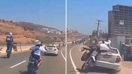 VIDEO: Motociclista intenta rebasar por la derecha y sale proyectado tras chocar contra un auto