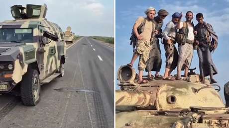 VIDEO: Hutíes posan sobre un tanque de fuerzas apoyadas por Arabia Saudita