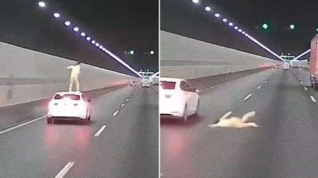 VIDEO FUERTE: Una mujer se lanza desde el techo de un auto en movimiento y por poco es arrollada