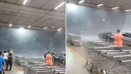 Fuerte viento y granizo combinados azotan un estacionamiento en una escena que parece sacada de películas de terror