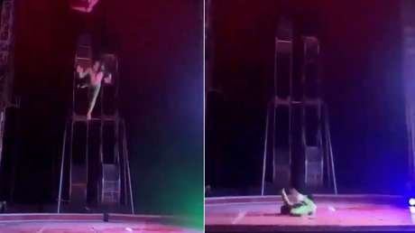 DRAMÁTICO MOMENTO en que un trapecista cae desde las alturas en pleno 'show' y sufre graves heridas