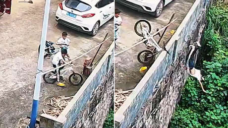 VIDEO: Niño choca contra un muro en su bicicleta, sale volando por un precipicio y se levanta como si nada