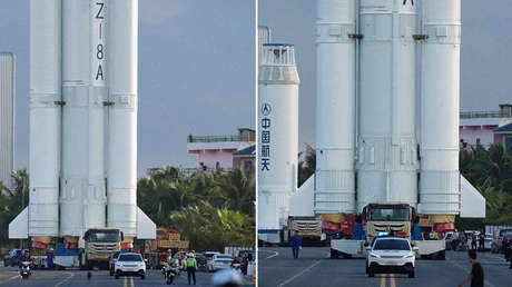 IMPONENTE TOMA del gigantesco cohete chino Long March-8A transportado en posición vertical