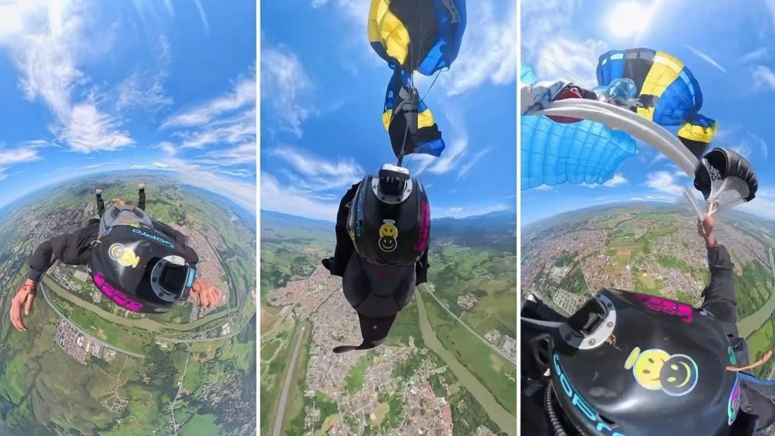 Aterrador momento en que un paracaidista lucha en el aire para desenredar su equipo del cuello