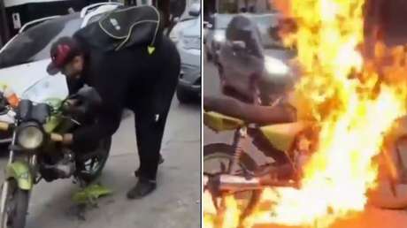 INSÓLITO VIDEO: Prende fuego a su propia moto tras recibir una multa