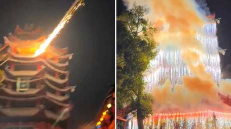 Parece magia pero es real: torre china deslumbra con cascada de fuegos artificiales (VIDEO)