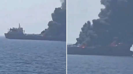 Enorme columna de humo emerge de un buque al sur de Ormuz (VIDEO)