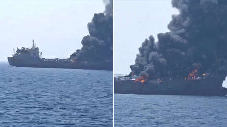 Enorme columna de humo emerge de un buque al sur de Ormuz (VIDEO)