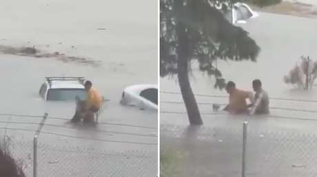 VIDEO: Carga sobre sus hombros y rescata a un hombre con discapacidad en medio de una inundación