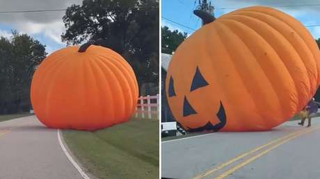 VIDEO: Calabaza gigante de Halloween se sale de control e invade una carretera