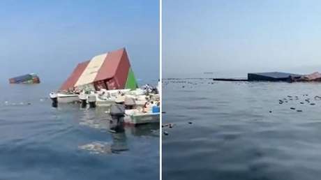 VIDEO: Contenedores flotan a la deriva en el estrecho de Ormuz tras hundimiento de buque carguero