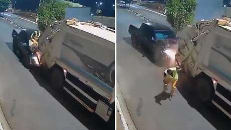 VIDEO: Recolector de basura salta un segundo antes de ser aplastado por una camioneta