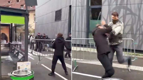 VIDEO: Intenta destrozar una parada de autobús en Francia y recibe su merecido