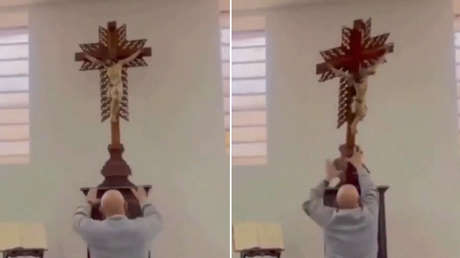 VIDEO: Un sacerdote casi es aplastado por un enorme crucifijo en Colombia