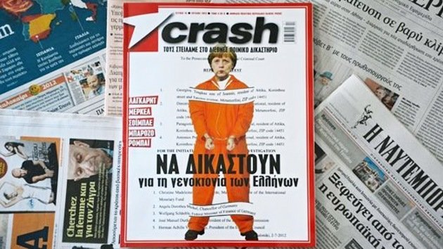 Revista griega ‘esposó’ y ‘enjuició’ a Angela Merkel por ‘genocidio’