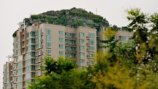 Un chino se sube a la chepa de un rascacielos y se monta una villa con rocas y jardines