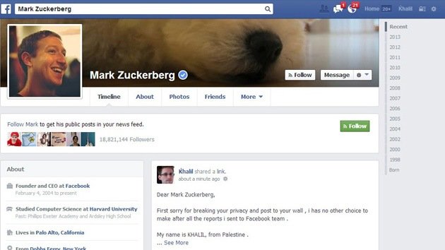 Un 'hacker' ignorado por Facebook notifica un fallo de la red en la página de Zuckerberg