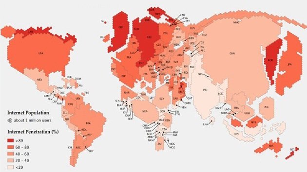Así sería el mundo si el tamaño de los países fuera proporcional a su población internauta
