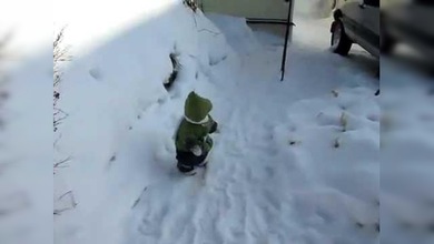 Un pequeño mono se divierte jugando en la nieve