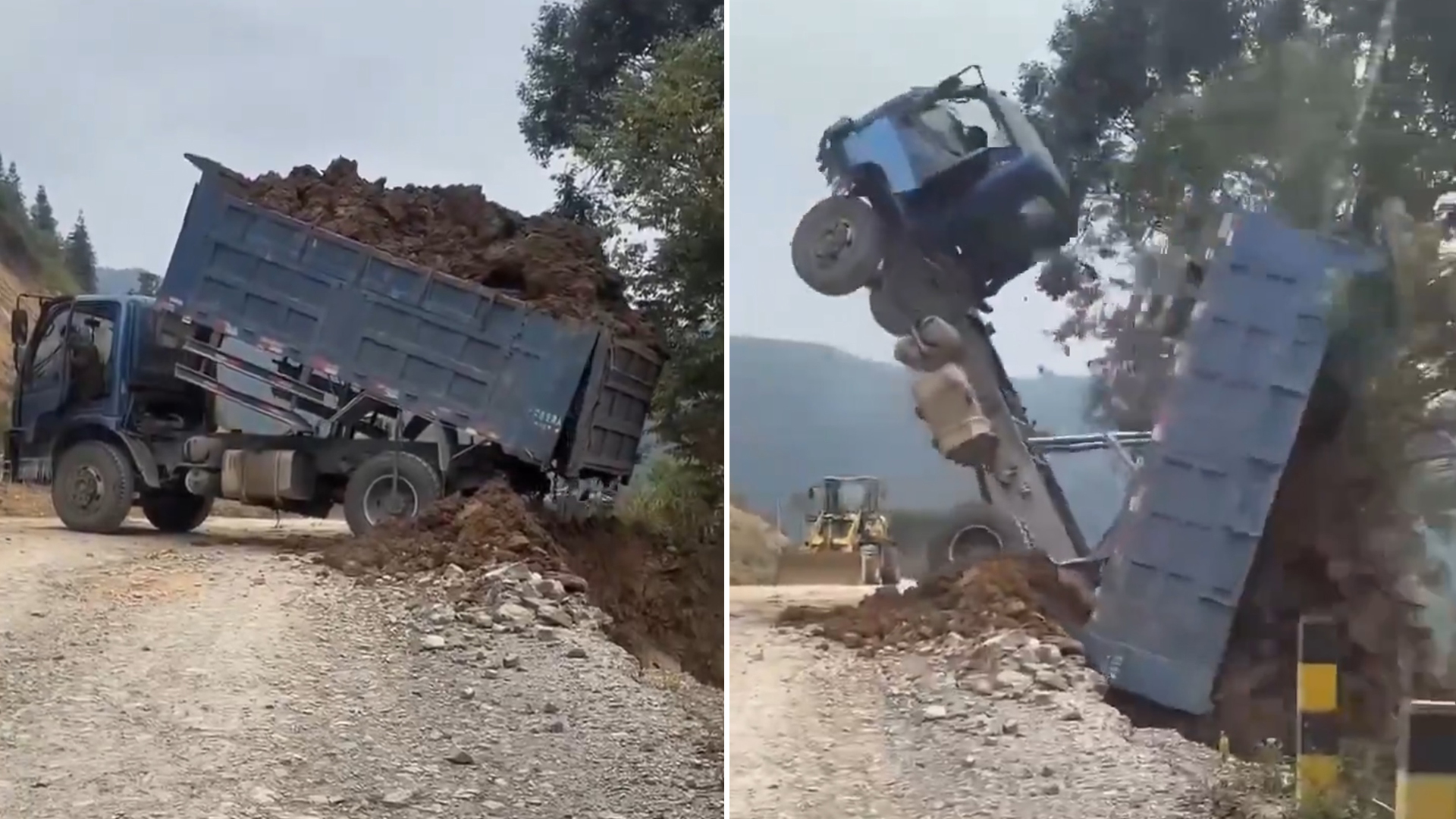 VÍDEO: Caminhão basculante cai em barranco com motorista dentro na China